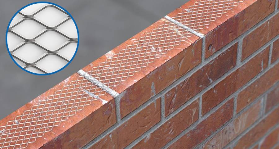 Expanded metal brick reinforcement mesh with diamond hole is applied on brick walls and mesh opening details.