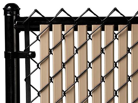 Brown slats and black chain link fence.
