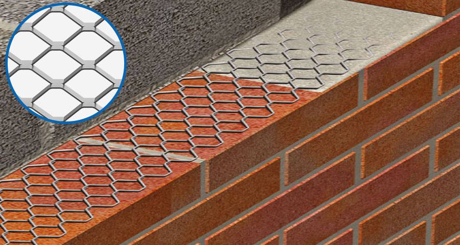 Expanded metal brick reinforcement mesh with hexagonal hole is applied on brick walls and mesh opening details.