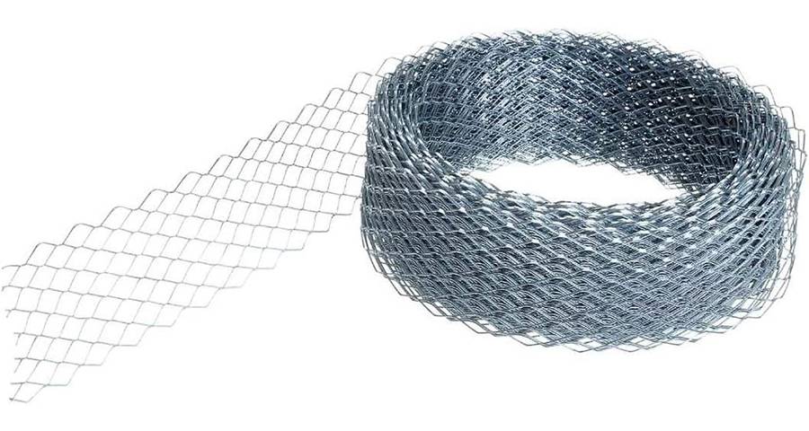 A coil of half-unfolded expanded metal brick reinforcement mesh