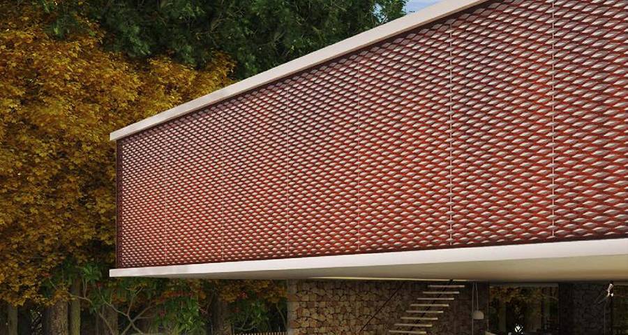 Red PVDF coated aluminum decorative expanded metal is used for villa facade