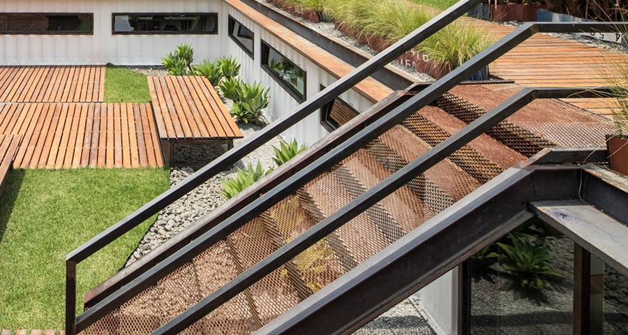 Bronze colored expanded metal is used for the stair treads in the park