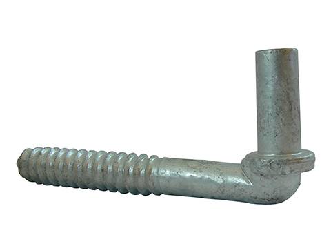 J shape lag screw hinge often used in chain link fence installation.