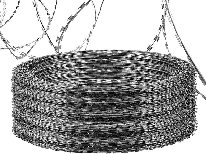 A section of unrolled razor wire is pulled next to a coil of razor wire